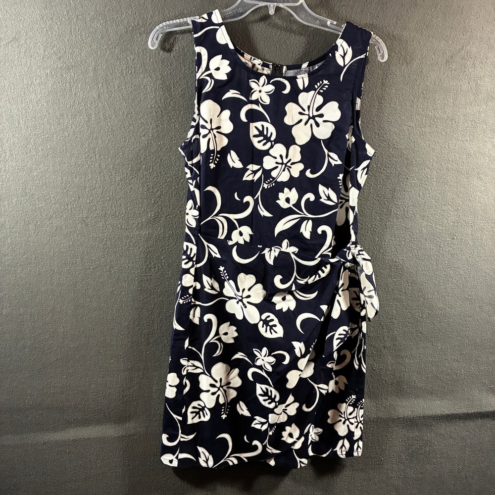VTG women cotton hawaiian wrap dress medium Sharon Marie Floral Navy tropical
